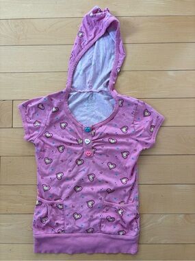 Vintage Pink Heart Print Hooded Short Sleeve Top 725 Originals